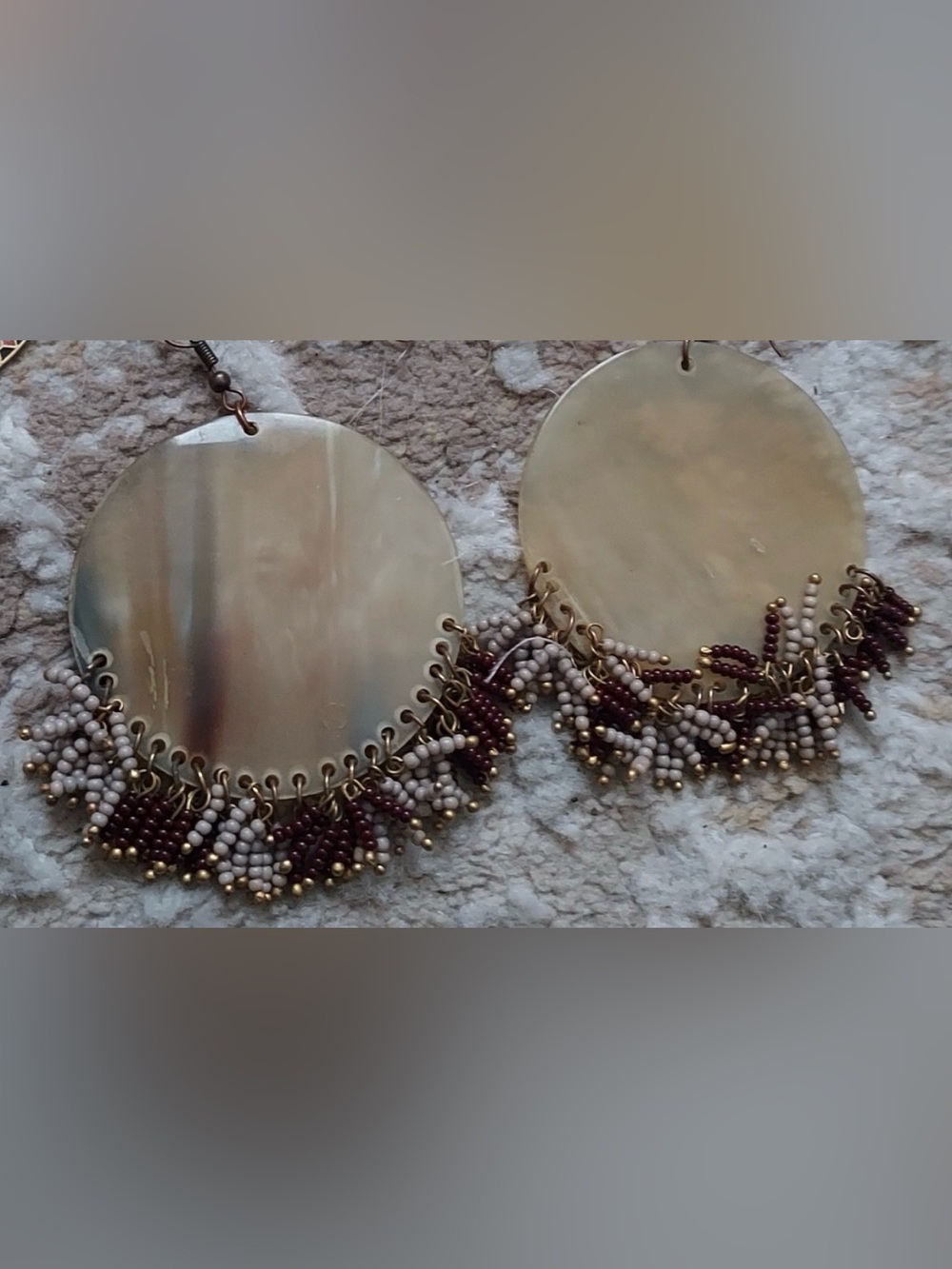 Vintage Earrings Horn? handcarved discs wring seed bead fringe pierced hook lg.
